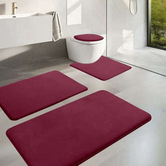 JASKFLY Bath Mat - Velvet Fleece & Foam Soft Bathroom Rug Set with Non-slip Backing for Master Bath & Guest Suite (Red)