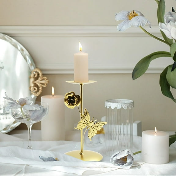 JASKFLY Candlestick Holder - Iron Butterfly & Floral Sculpture Desktop Ornament for Romantic Dinner & Aromatherapy Table Decor,3.94x2.76x7.48in(Gold)