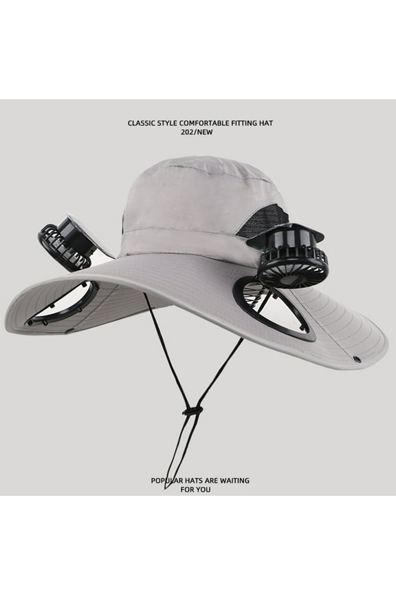 Gray Solar Fan Hat - Wide Brim Outdoor Fishing Cap with Dual Fans for Men and Women, Breathable Mesh Design for Hiking, Gardening, and Summer Sun Protection