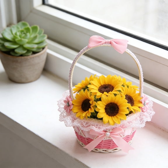 JASKFLY Handheld Basket - Woven Rattan Storage Bin with Short Gauze Trim for Holiday Decor & Easter Egg Hunts, 3.9x5.1 in, (Pink)