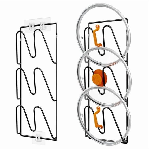 JASKFLY Pot Lid Organizer - Stainless Steel Wall Mounted Rack for Cabinet Door Storage of Kitchen Cookware Lids, 6.3x2.4x13.6 in, (Black)