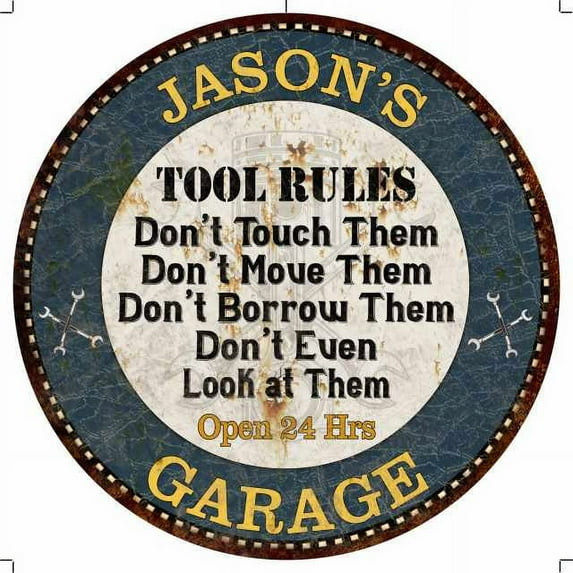 JASON'S Garage Rules 12" Round Metal Sign Garage Wall Décor 100140015182