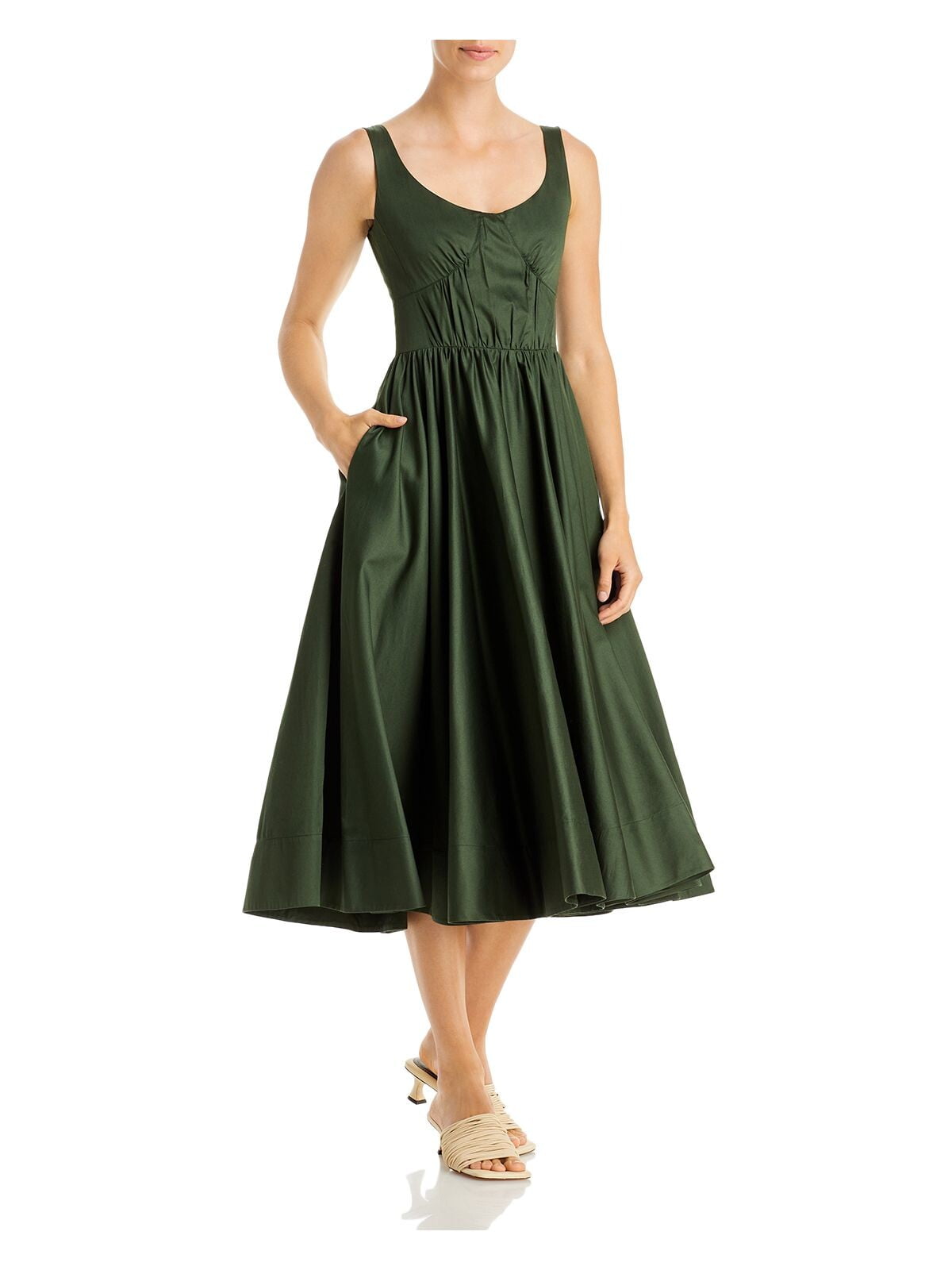 JASON WU Womens Green Gathered Zippered Pocketed Sleeveless Scoop Neck Midi Fit Flare Dress 0
