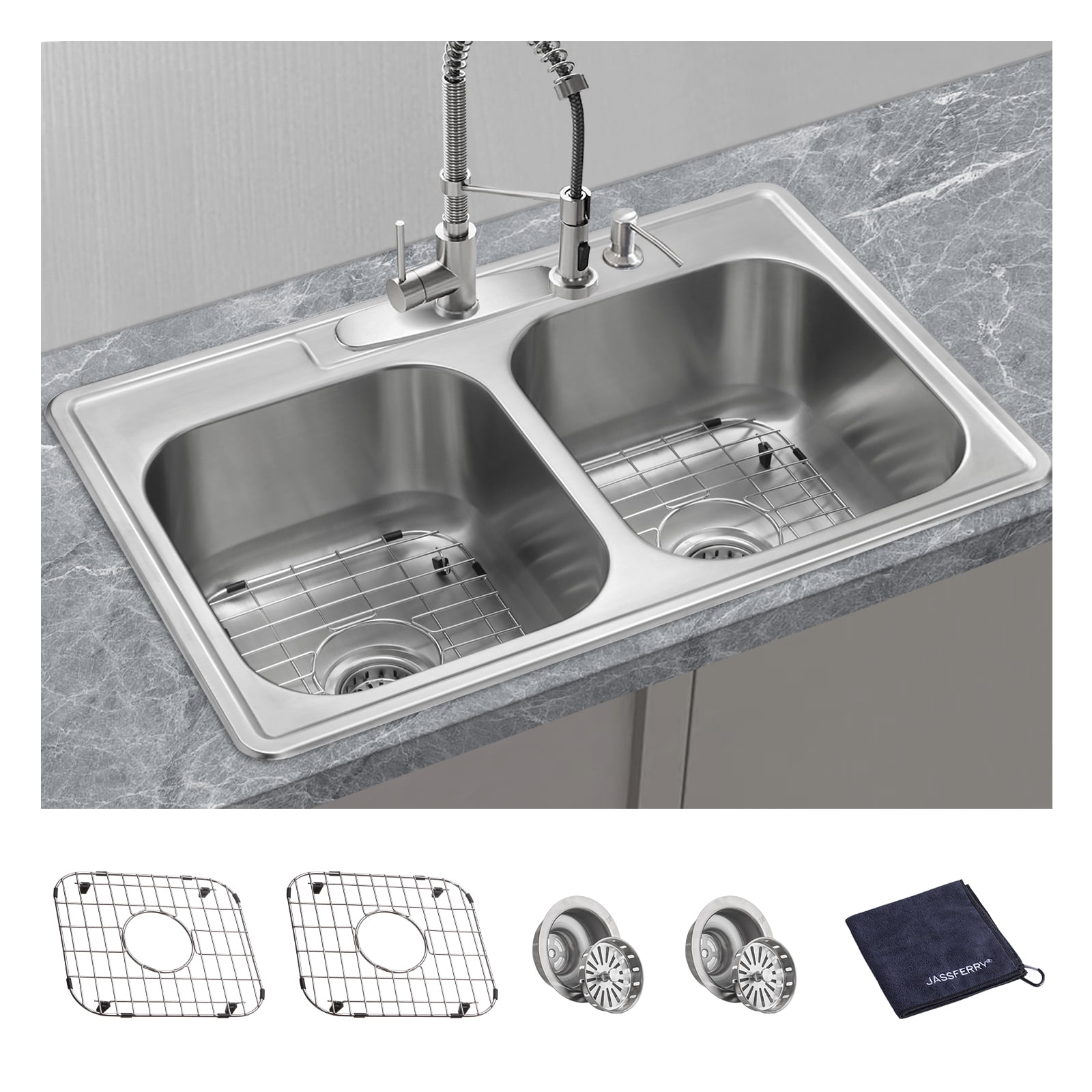 JASSFERRY Undermount Stainless Steel Kitchen Sink 1.5 Bowl Lefthand Smaller Bowls With Strainer Waste Pipe Kit 590 X 440 Mm 68677566