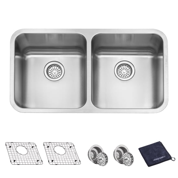 JASSFERRY Undermount Kitchen Sink Double Bowl 32 Inch, 32", 16-gauge Stainless Steel