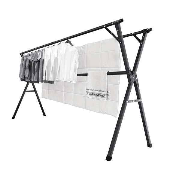 JAUREE 95'' Clothes Drying Rack, Drying Rack Clothing Folding Indoor Outdoor, Heavy Duty Stainless Steel Laundry Drying Rack, Foldable Portable Clothes Rack Garment Rack with 20 Hooks Black