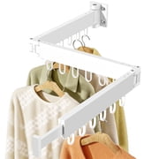 JAUREE Wall Mounted Clothes Drying Rack,Space Saving Laundry Rack Collapsible,Tri-Fold Retractable Rack Outdoor Indoor with 18 Hooks, White