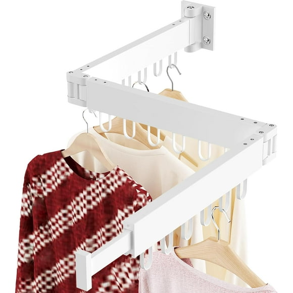 JAUREE Clothes Drying Rack Wall Mounted, Laundry Drying Rack Collapsible, Space Saving Wall Drying Rack Clothing Foldable, Tri-Fold Retractable Rack Outdoor Indoor with 18 hooks, White
