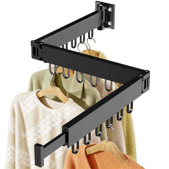 JAUREE Clothes Drying Rack Wall Mounted, Laundry Drying Stand Collapsible, Tri-Fold Retractable Rack Space Saving Outdoor Indoor with 18 Hooks, Black