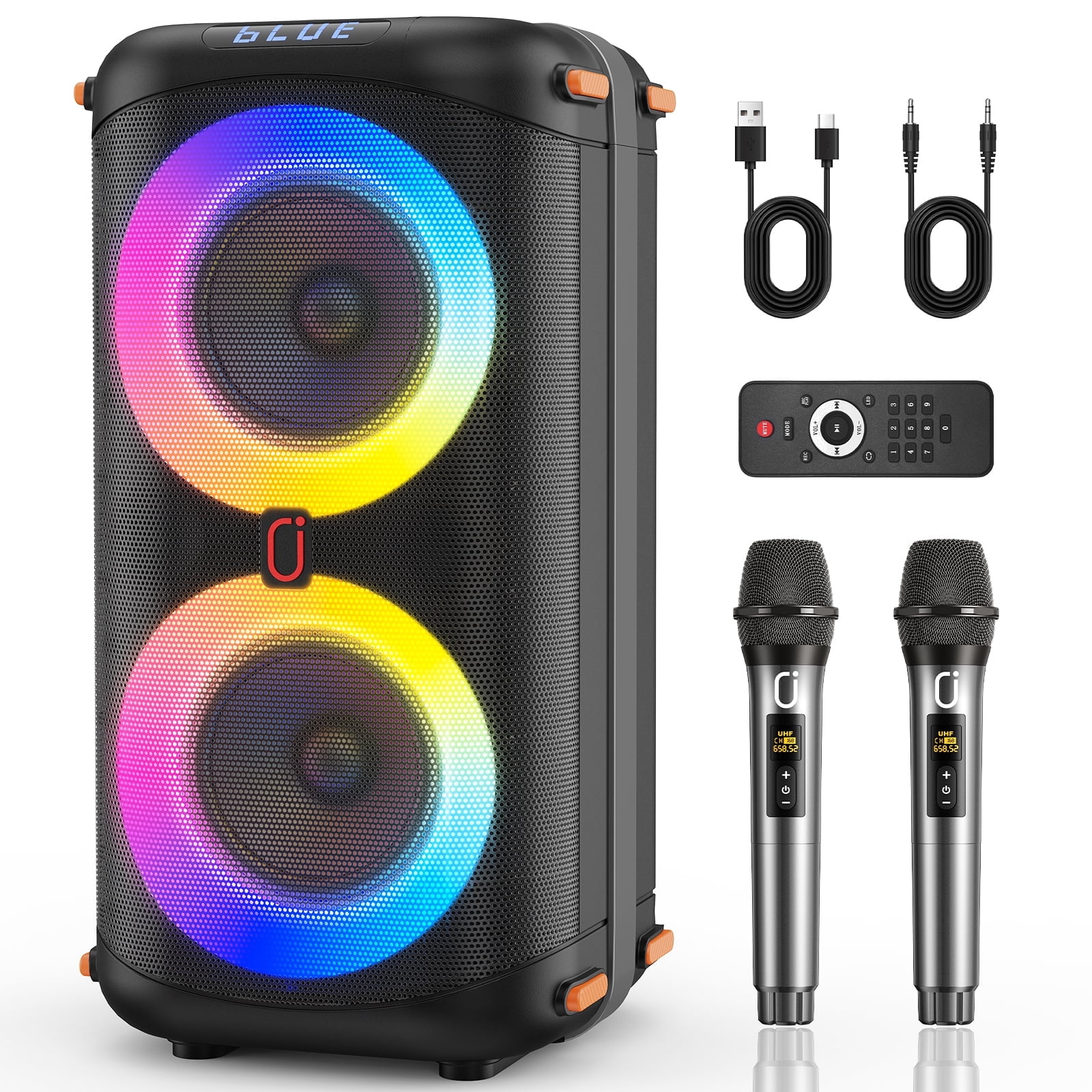 JYX Bluetooth Speaker, Home Singing Portable Party Speaker with 2 Microphones, Dual 6.5'' Subwoofer Deep Bass, Rgb Lights, T27-T