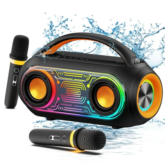 JYX Karaoke Machine, Bluetooth Speaker with Dazzling Party Lights, 2 Mics with 6 Voice Modes, IPX5 Waterproof