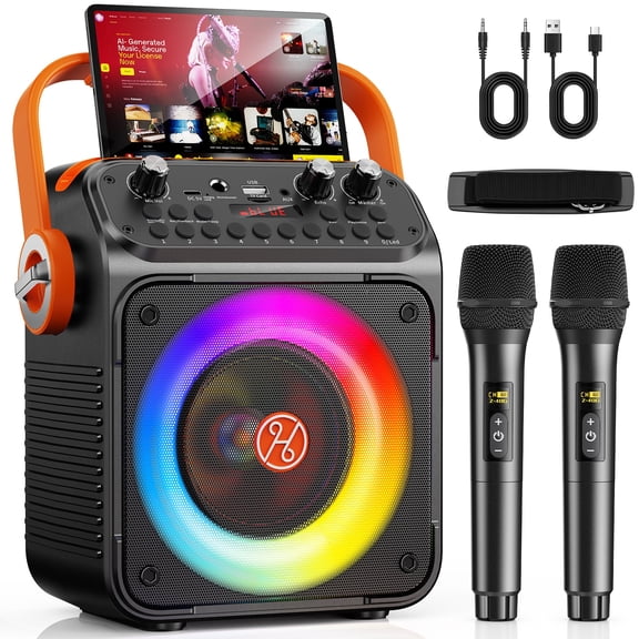 JAUYXIAN Karaoke Machine, Portable Bluetooth Karaoke Speaker with 2 Microphones & Dj Lights for Party