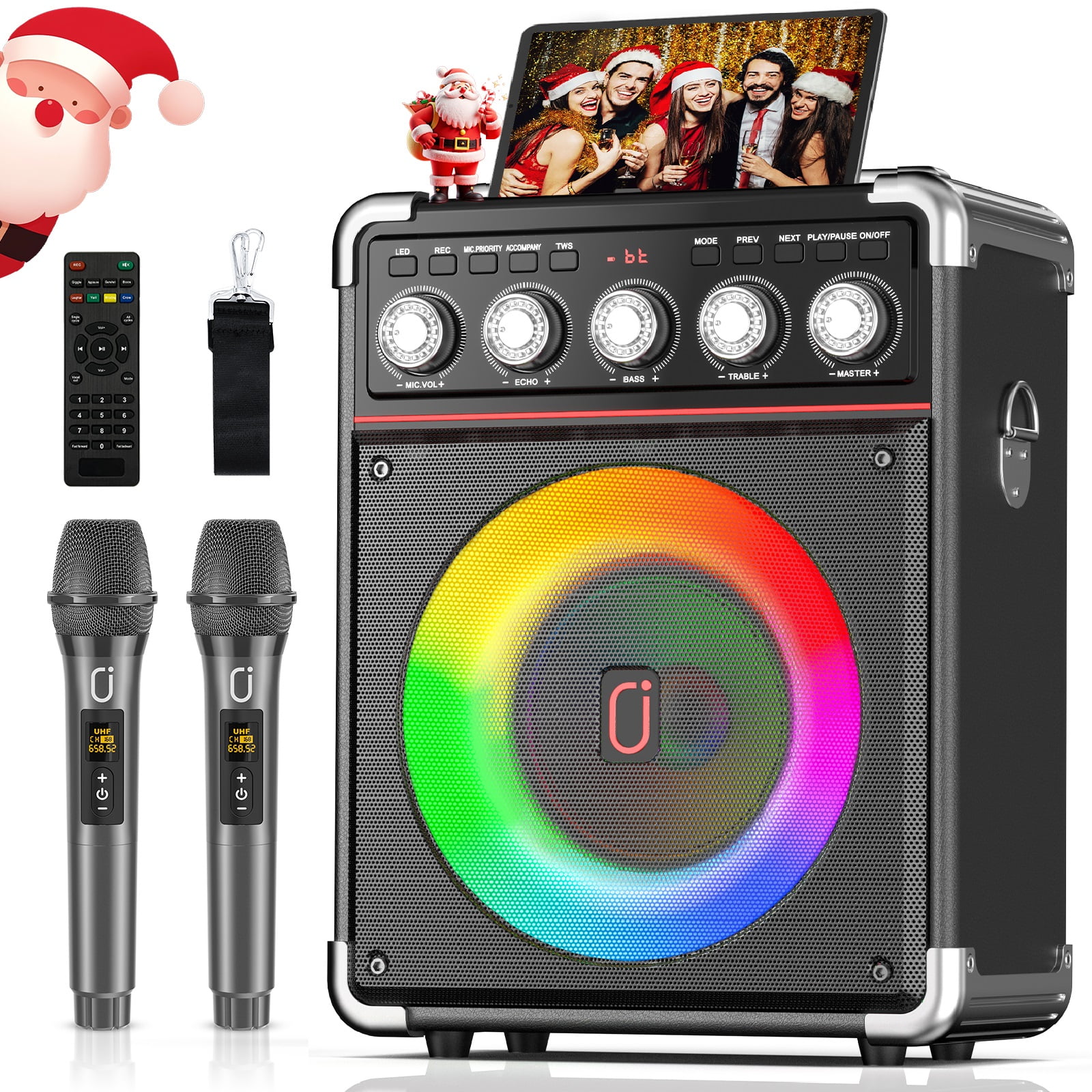 JAUYXIAN Karaoke Machine, Karaoke Speaker with Microphone for Adults, Portable Bluetooth Speaker with DJ Lights, Remote Control, Subwoofer Home Singing Karaoke System for Christmas, TX05