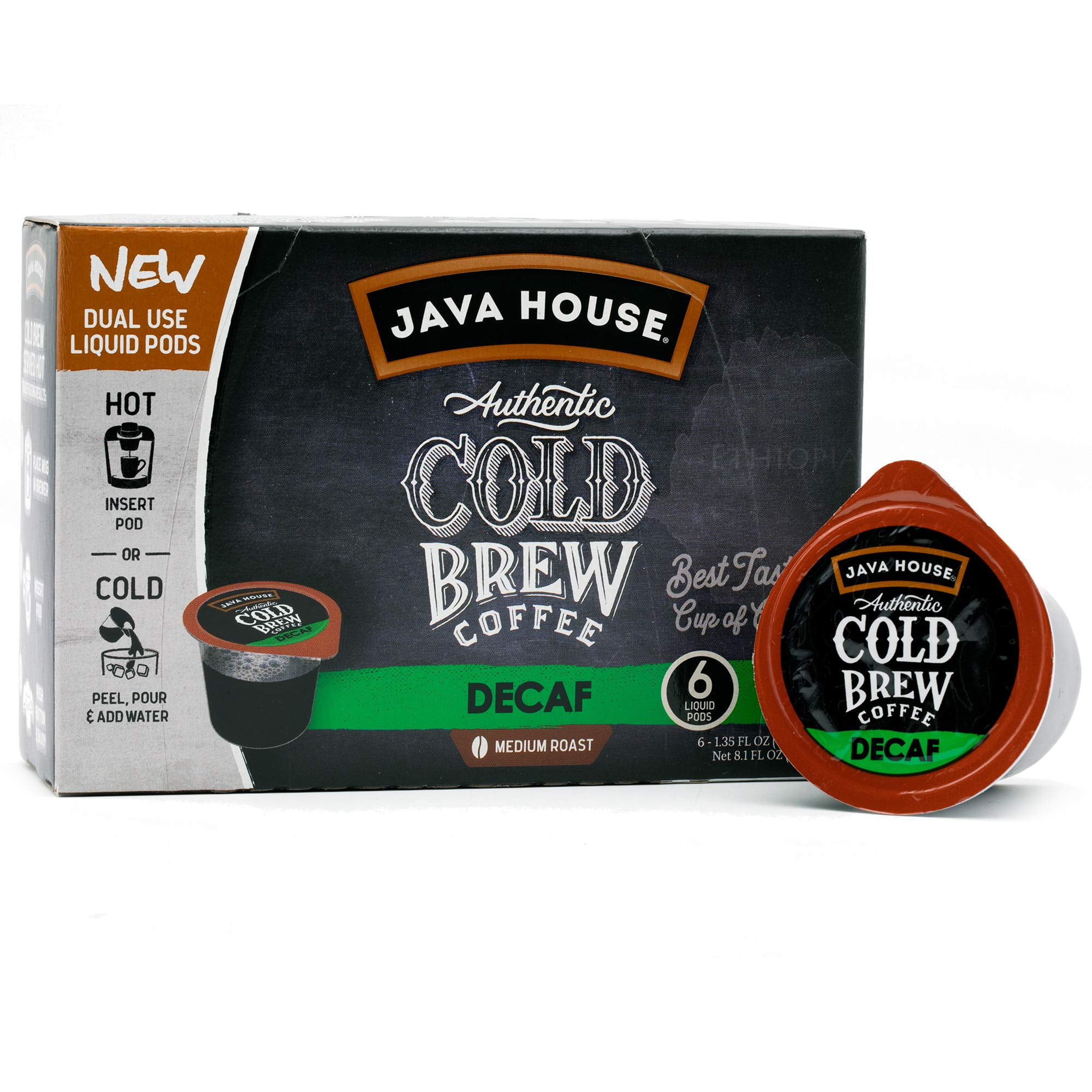 JAVA HOUSE Authentic Cold Brew Coffee, DECAF, KCup Coffee Pods, Medium