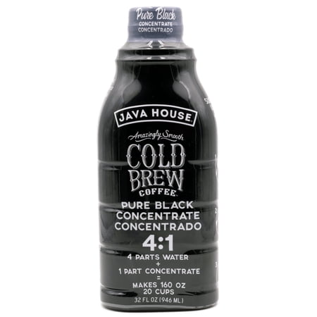 JAVA HOUSE COLD BREW COFFEE CONCENTRATE – PREMIUM 100% ARABICA BLACK COLD BREW – SMOOTH FLAVOR WITH MOLASSES AND COCOA NOTES – 32OZ BOTTLE (MAKES 20 CUPS) – 4:1 CONCENTRATE, SERVE HOT OR ICED
