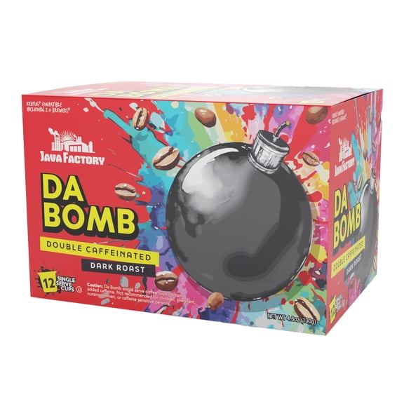 Java Factory High Caffeine Coffee Pods, Da Bomb Dark Roast, 12 Count - Compatible with K Cup Brewers 2.0, Extra Caffeine for a Strong Start to Your Day