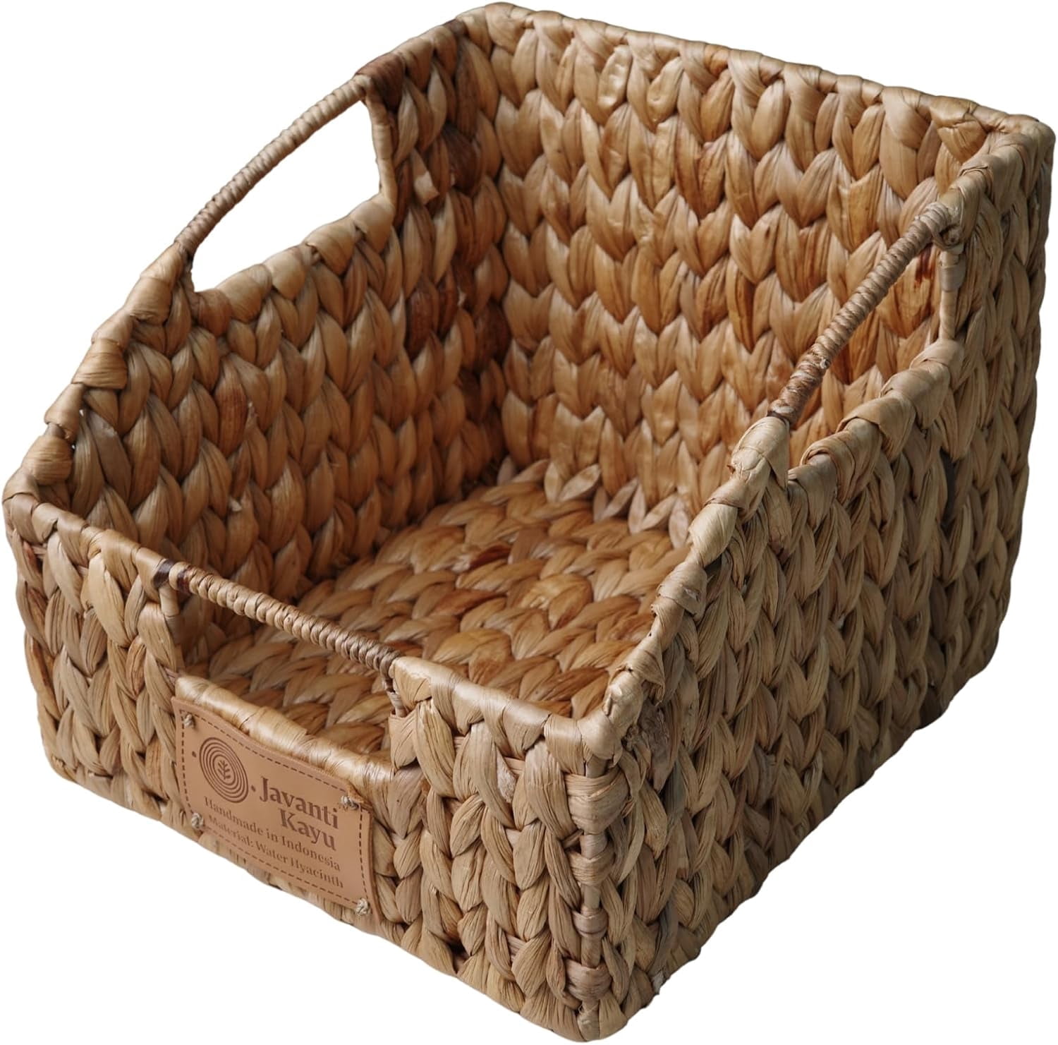 JAVANTI KAYU - Handmade Water Hyacinth Wicker Pantry Organizer Bin – Slanted Front Storage Basket for Kitchen, Shelves, Closet, Food & Snack – Natural, Durable, Decorative (1, 10" x 9" x 8")