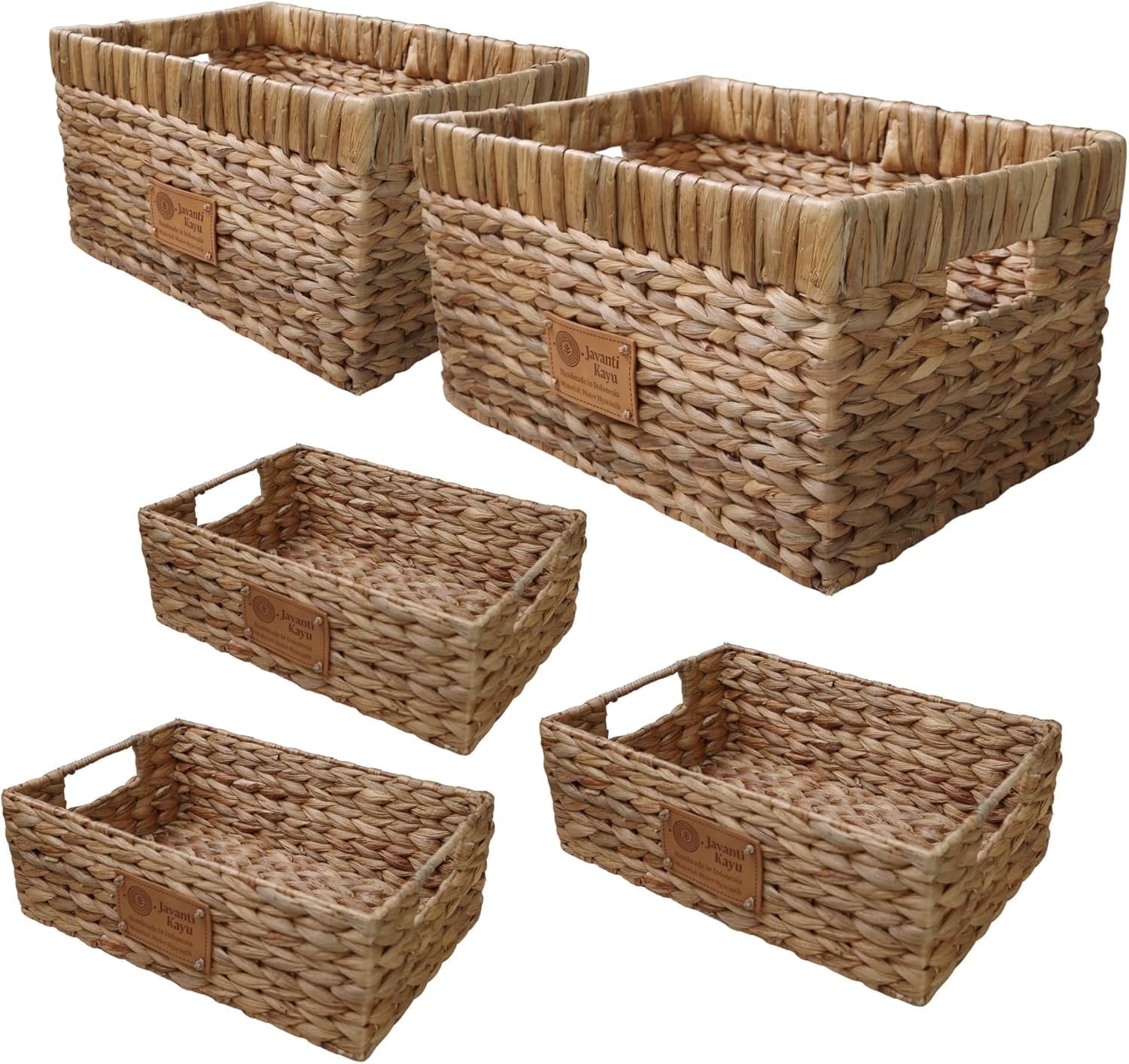 JAVANTI KAYU - Handmade Water Hyacinth Wicker Storage Basket with Handles – Rectangle Organizer Bin for Shelves, Blanket, Bathroom, Closet – Stackable – Decorative & Durable (5, 2 Med + 3 Small)