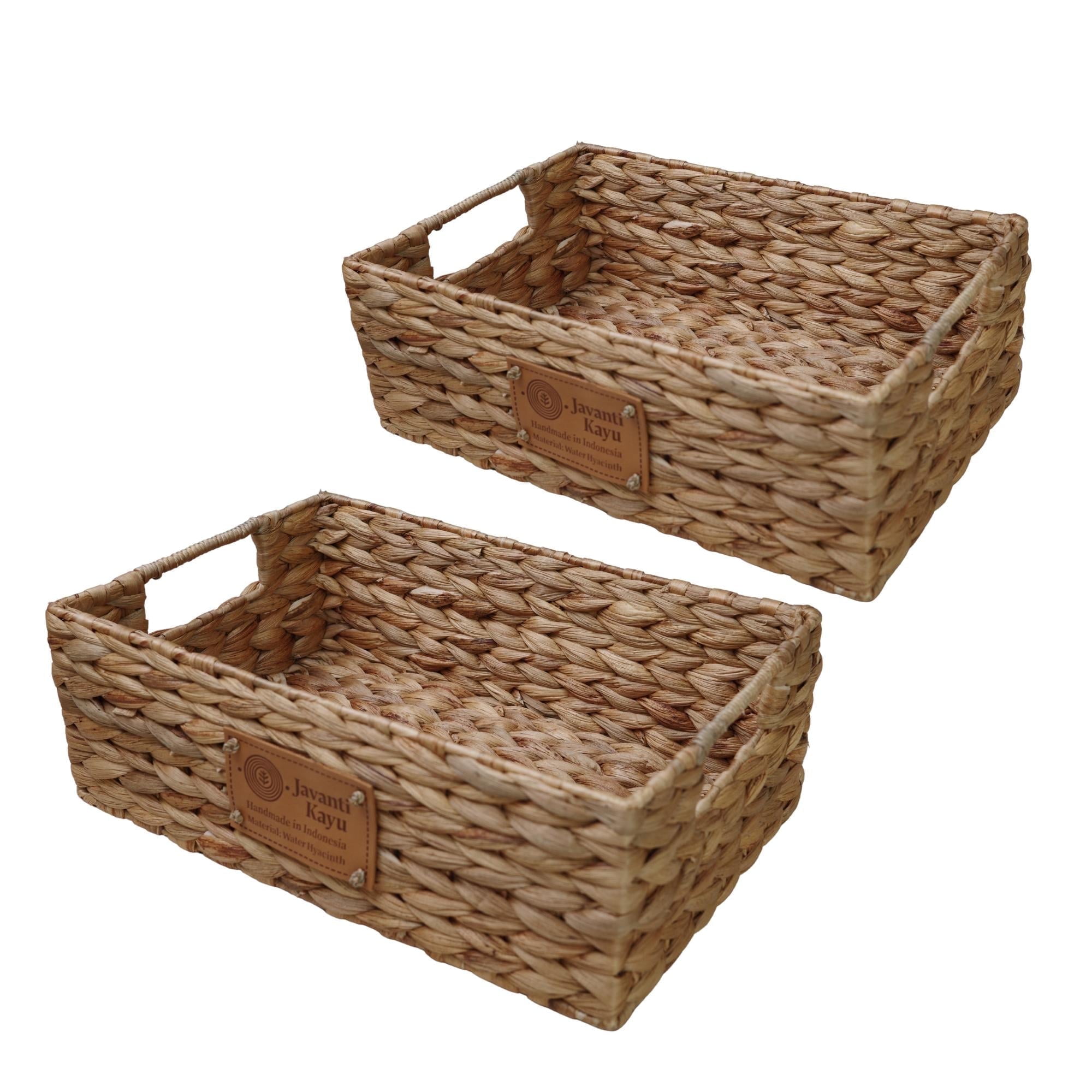 JAVANTI KAYU - Handmade Water Hyacinth Wicker Storage Basket with Handles – Rectangle Organizer Bin for Shelves, Blanket, Bathroom, Closet – Stackable – Decorative & Durable (2, S: 12" x 8" x 4")