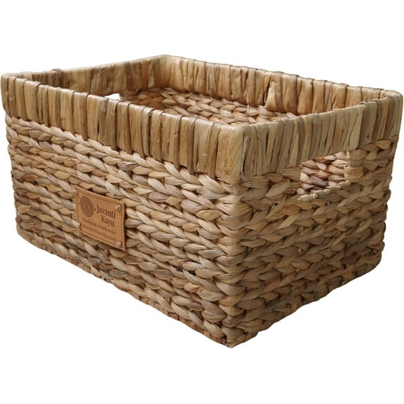 JAVANTI KAYU - Handmade Water Hyacinth Wicker Storage Basket with Handles – Rectangle Organizer Bin for Shelves, Blanket, Bathroom, Closet – Stackable – Decorative & Durable (1, M: 14" x 10" x 8")