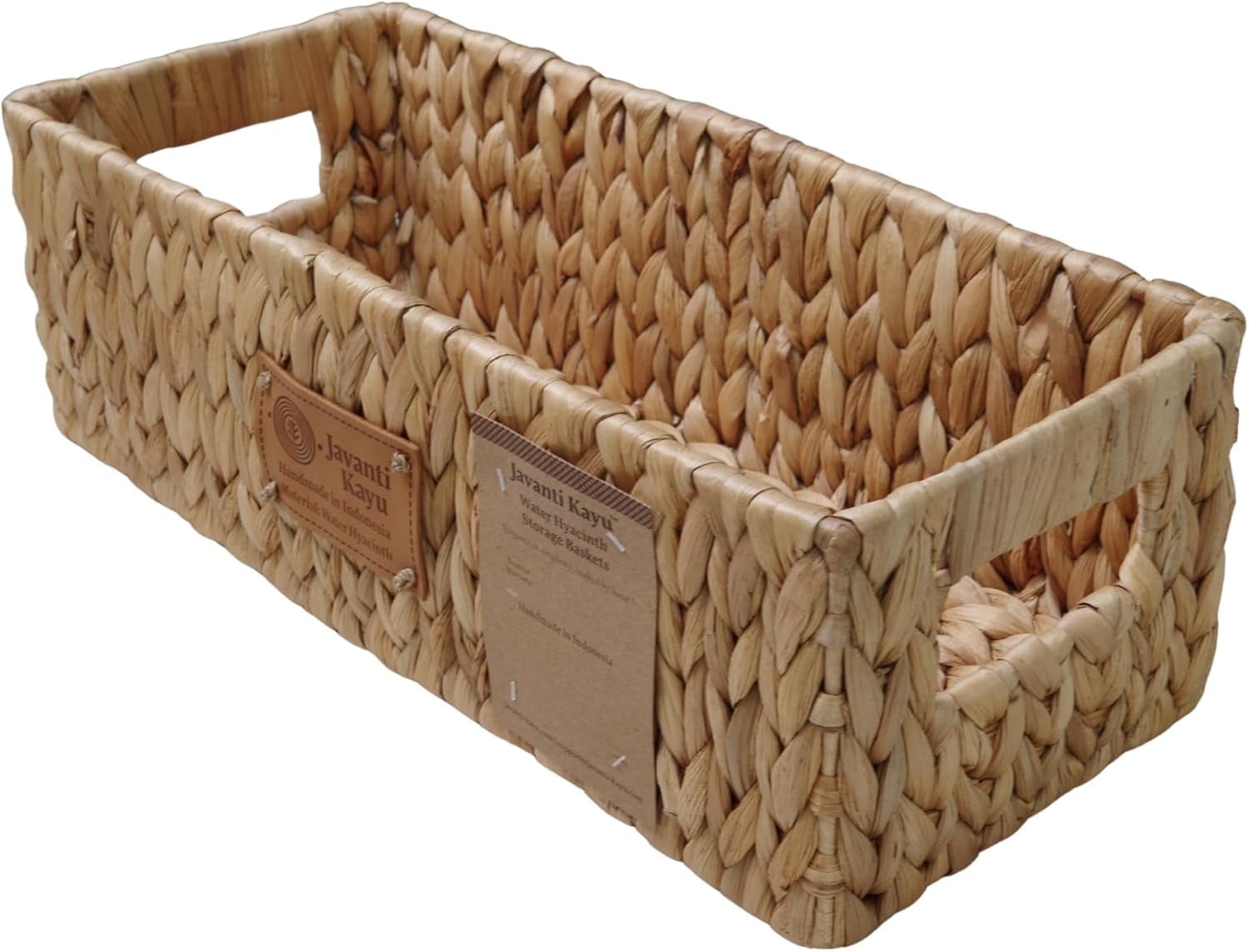 JAVANTI KAYU - Handmade Water Hyacinth Wicker Storage Basket with Handles – Rectangle Organizer Bin for Shelves, Blanket, Bathroom, Closet – Stackable – Decorative & Durable (Long: 15" x 6.7" x 5")