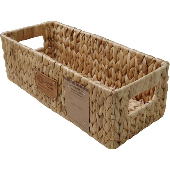 JAVANTI KAYU - Handmade Water Hyacinth Wicker Storage Basket with Handles – Rectangle Organizer Bin for Shelves, Blanket, Bathroom, Closet – Stackable – Decorative & Durable (Long: 15" x 6.7" x 5")