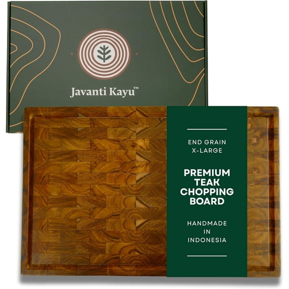 JAVANTI KAYU Teak End Grain Cutting Board – Premium Handmade Wood Chopping Board with Juice Groove & Handles, Knife-Friendly, Extra Thick Charcuterie – Made in Indonesia (XL - 23.5 x 15.7 x 1.5 in)