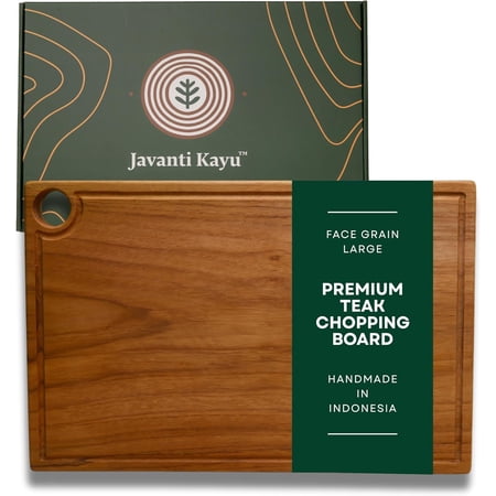 JAVANTI KAYU Teak Face Grain Cutting Board – Premium Handmade Wood Chopping Board with Juice Groove & Handles, Knife-Friendly, Extra Thick Charcuterie – Made in Indonesia - L - 17.7 x 11.8 x 1.2 in