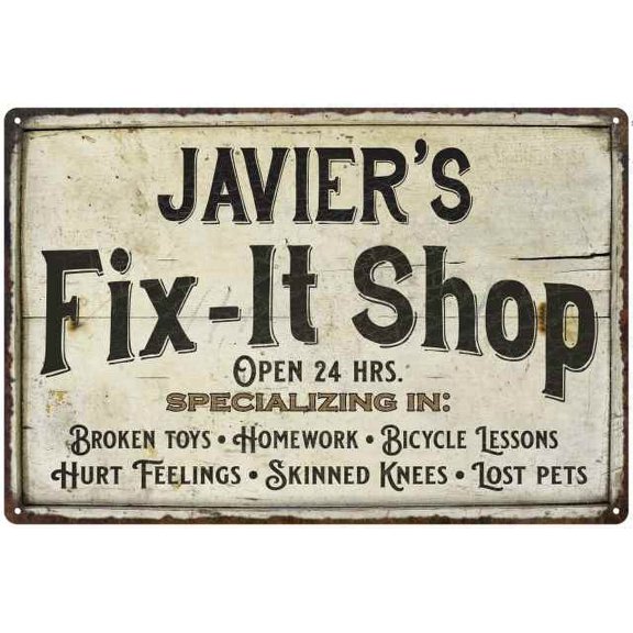JAVIER'S Fix-It Shop Sign Grandpa Dad Wall Dcor Gift 12x18 Metal 112180006240