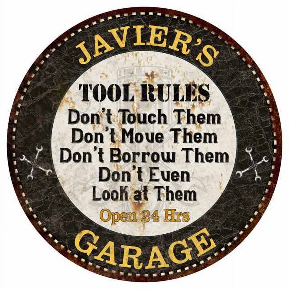 JAVIER'S Garage Rules 12" Round Metal Sign Garage Bar Wall Dcor 200120013298
