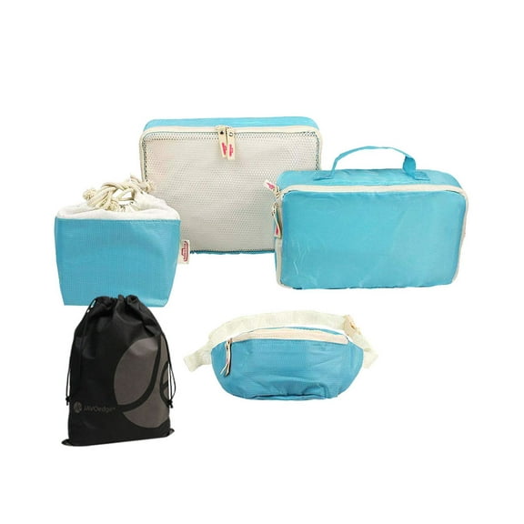JAVOedge 4 Piece Light Blue Travel Set - Clothing Storage bag, Drawstring Bag, Cosmetic Clutch, and Fanny Pack