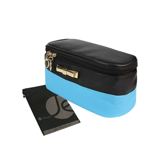 JAVOedge Blue and Black Stylish Makeup Cosmetic Bag with 3 Brush Holders and Double Zipper