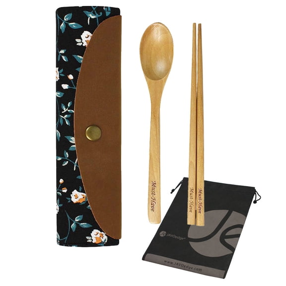 JAVOedge Wooden Chopsticks and Spoon Lunch Silverwear Set with Black Flower Holder