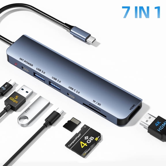 JAVRUNWOF Multi-Function Hub, 7 in 1 Usb C Hub Splitter,4 USB A 3.0/2.0 Data Ports, HDMI supports 4K,Compatible with MacBook Pro, iPad Pro,Laptops