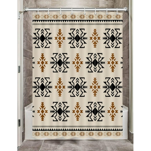 JAWO Camper RV Western Aztec Shower Curtain for Travel Trailer Bathroom, Boho Southwest Rustic Camping Small Narrow Fabric Shower Curtains Set, Happy Camp Outdoor Decor Accessories with Hooks 47X64