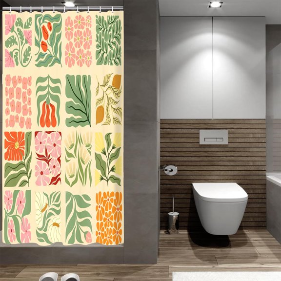 JAWO Retro Shower Curtain Vintage Abstract Boho Floral Shower Curtains for Bathroom Decor Pink Yellow Botanical Geometric Groovy Aesthetic Pattern Shower Curtain Sets with Hooks,36X72IN