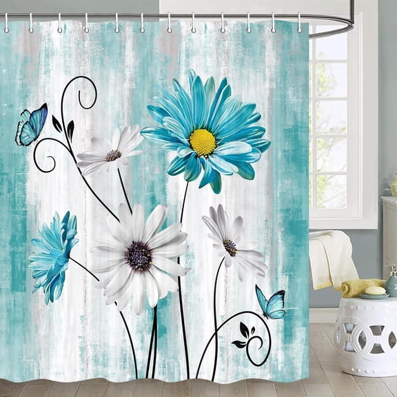 JAWO Rustic Farmhouse Teal Floral Shower Curtain, Farm Teal Daisy Flowers and Butterfly Shower Curtain for Bathroom, Country Turquoise Fabric Bath Curtains Set with 12PCS Hooks, 70X70IN