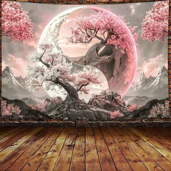 JAWO Tree Life Tapestry Aesthetic, Colorful Pink Flowers Sun and Moon Art Tapestry Wall Hanging for Girls Bedroom, Cool Nature Galaxy Yin Yang Anime Tapestries Poster of Dorm Home Decor 60X50 Inches