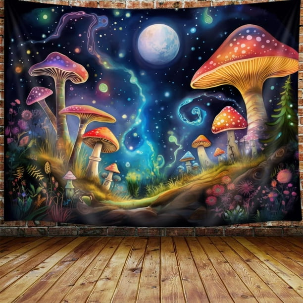 JAWO Trippy Mushroom Space Moon Tapestry, Hippie Colorful Galaxy