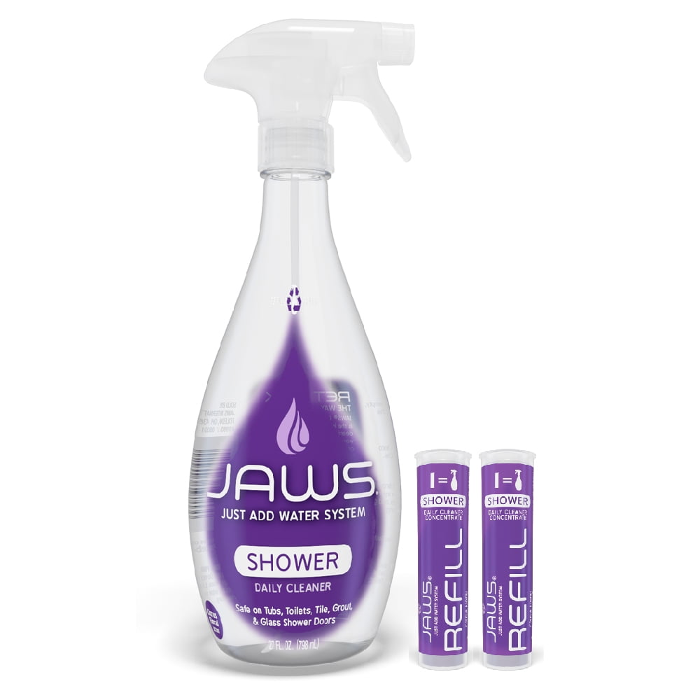 JAWS Cleaner Shower Cleaner Bottle with 2 Refill Pods. Refillable Cleaning Supplies.