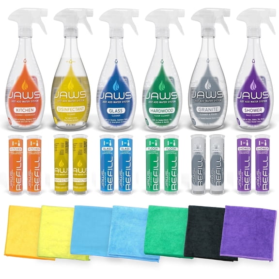 JAWS Cleaners Ultimate Cleaning Kit, Kitchen, Glass, Shower, Granite, Hardwood and Disinfectant, 2 Refill Pods of Each, Includes Microfiber Cloths