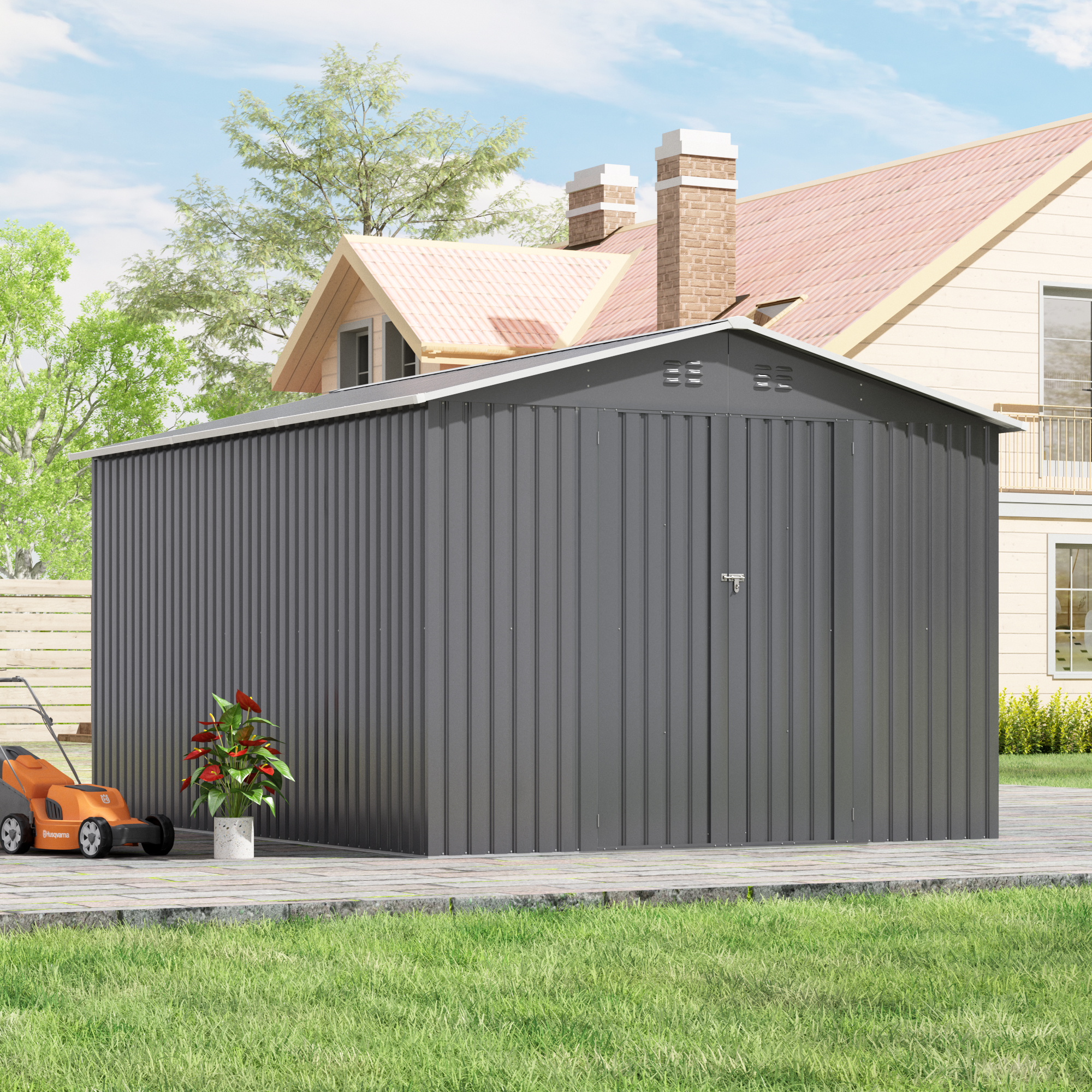 5x3 Ft Garden Storage Shed With Frame Floor & Lockable Door – Steel Tool Shed With Sloping Roof, Light Wood Grain