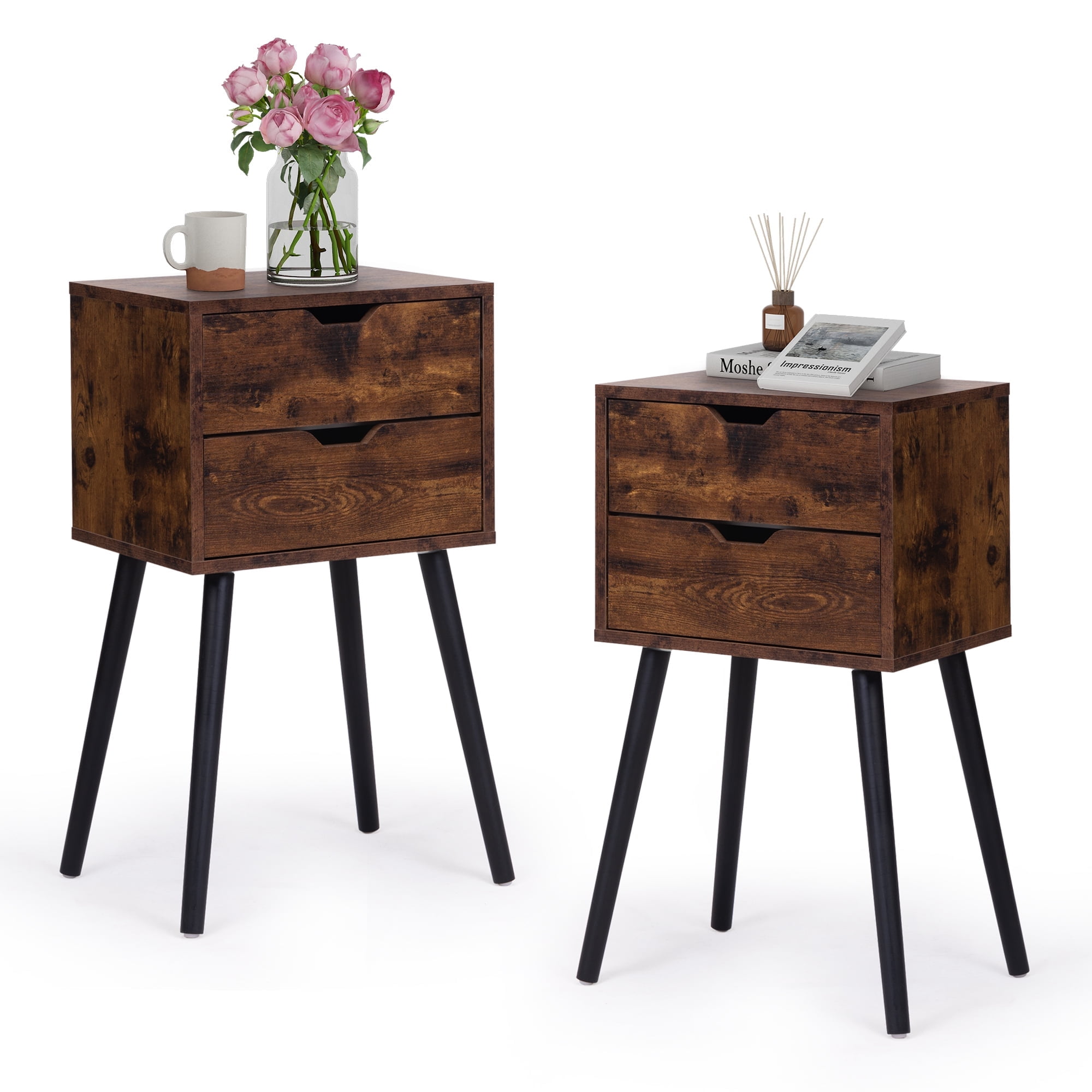 Jaxpety Modern Nightstand with 2 Drawers, Set of 2, Rustic Brown