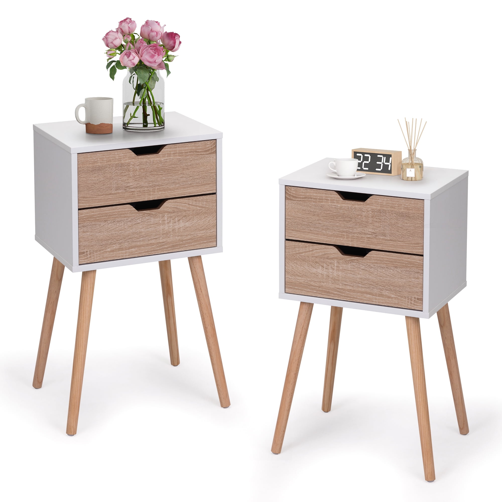 Natural and White 2-Drawer Mid-Century Modern Nightstands Set