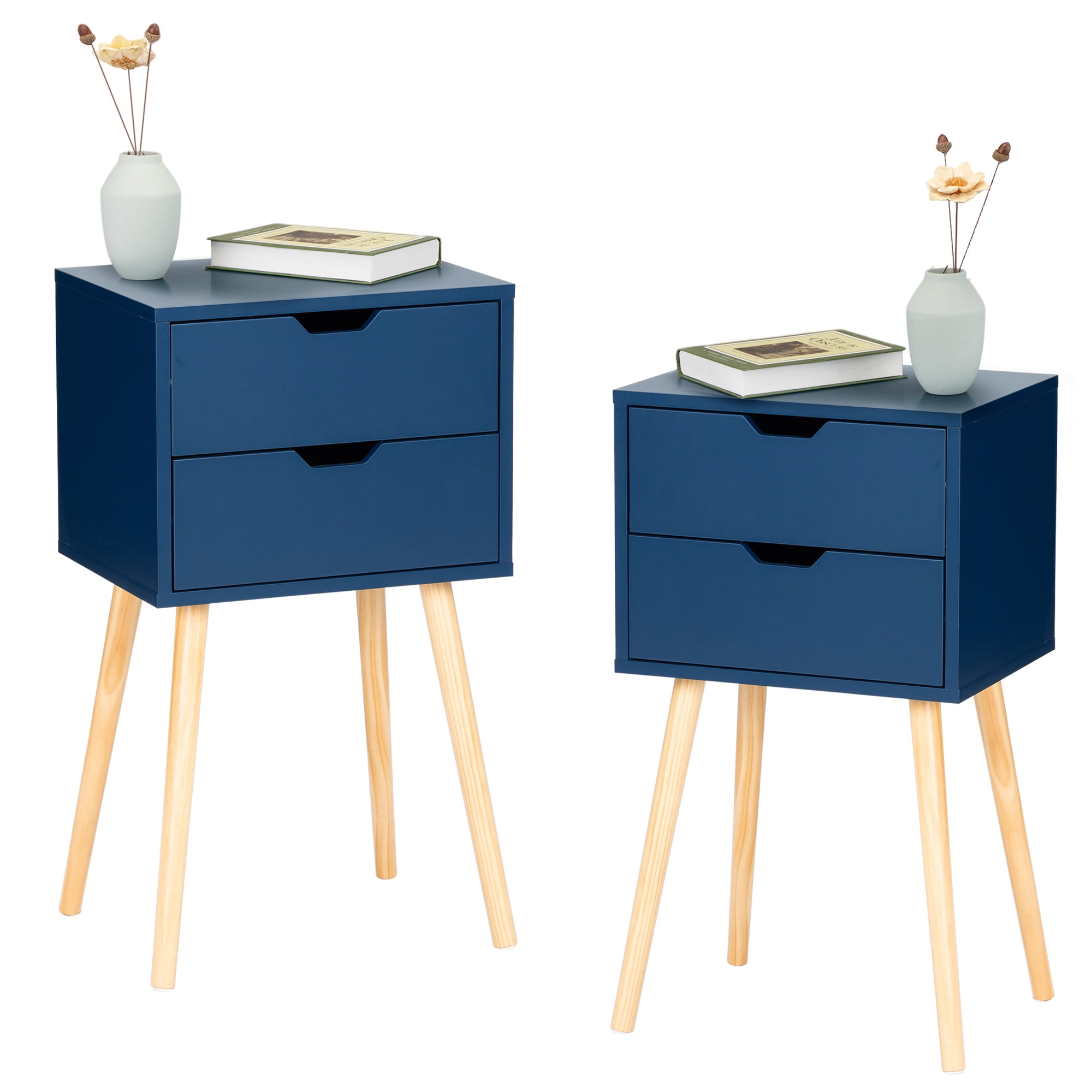 Blue MDF and Solid Wood 2-Drawer Nightstand Set