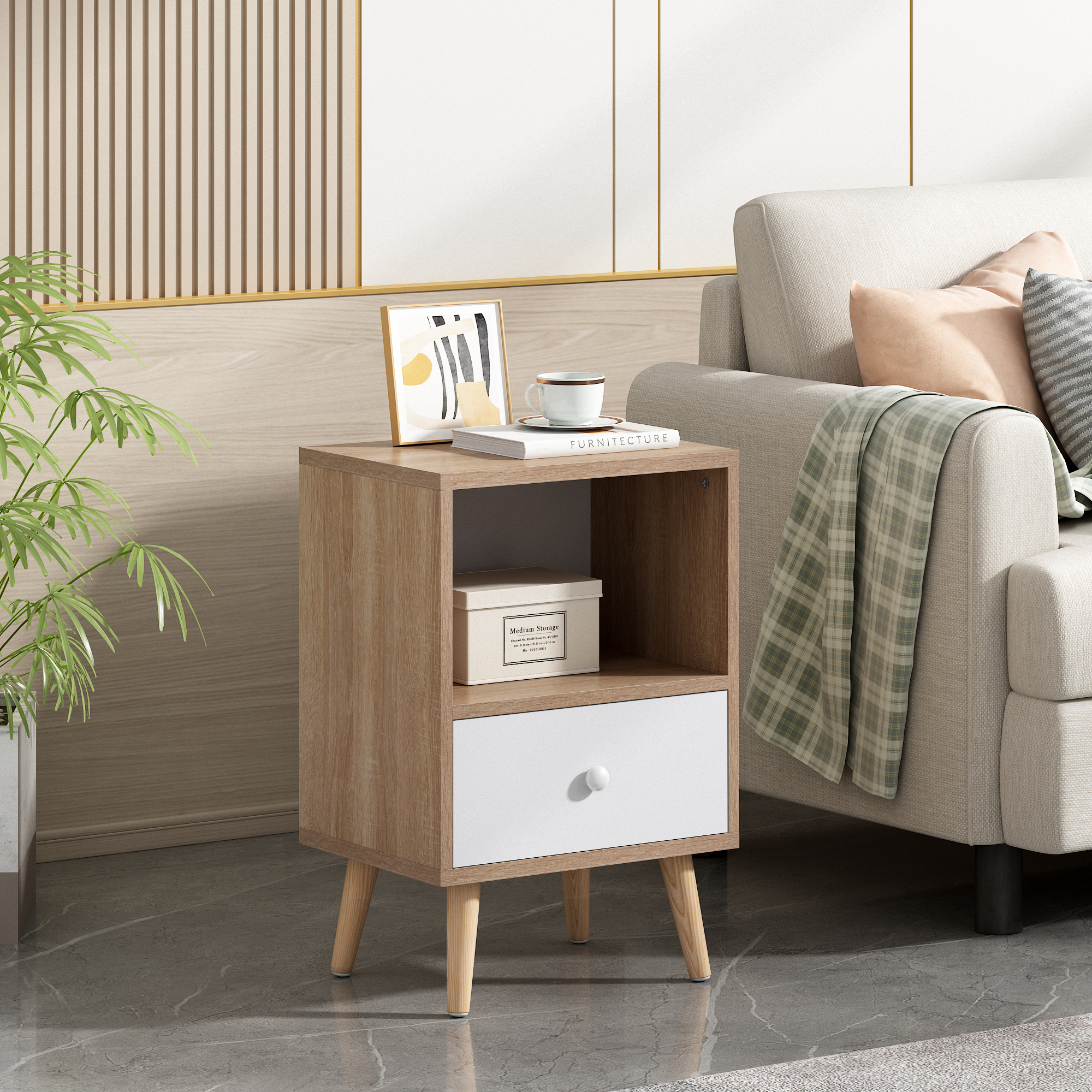 JAXPETY Nightstand Set of 2, End Tables with Open Shelf and Drawer