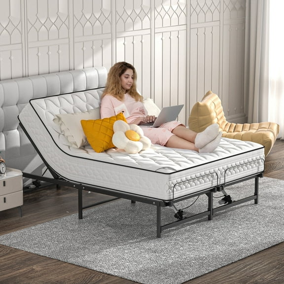 JAXPETY Queen Electric Adjustable Bed Frame, Head and Foot Incline Bed Base with Low-Noise Motor and Wired Remote Control, Power Platform Bed Base Fit for Most Mattress, 200*150CM