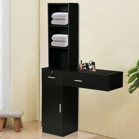 JAXPETY Salon Station Barber Styling StationSalon Cabinet Storage Organizer Barber Hair Spa Equipment with Appliance Holders, Shelf, Lockable Drawers, Black