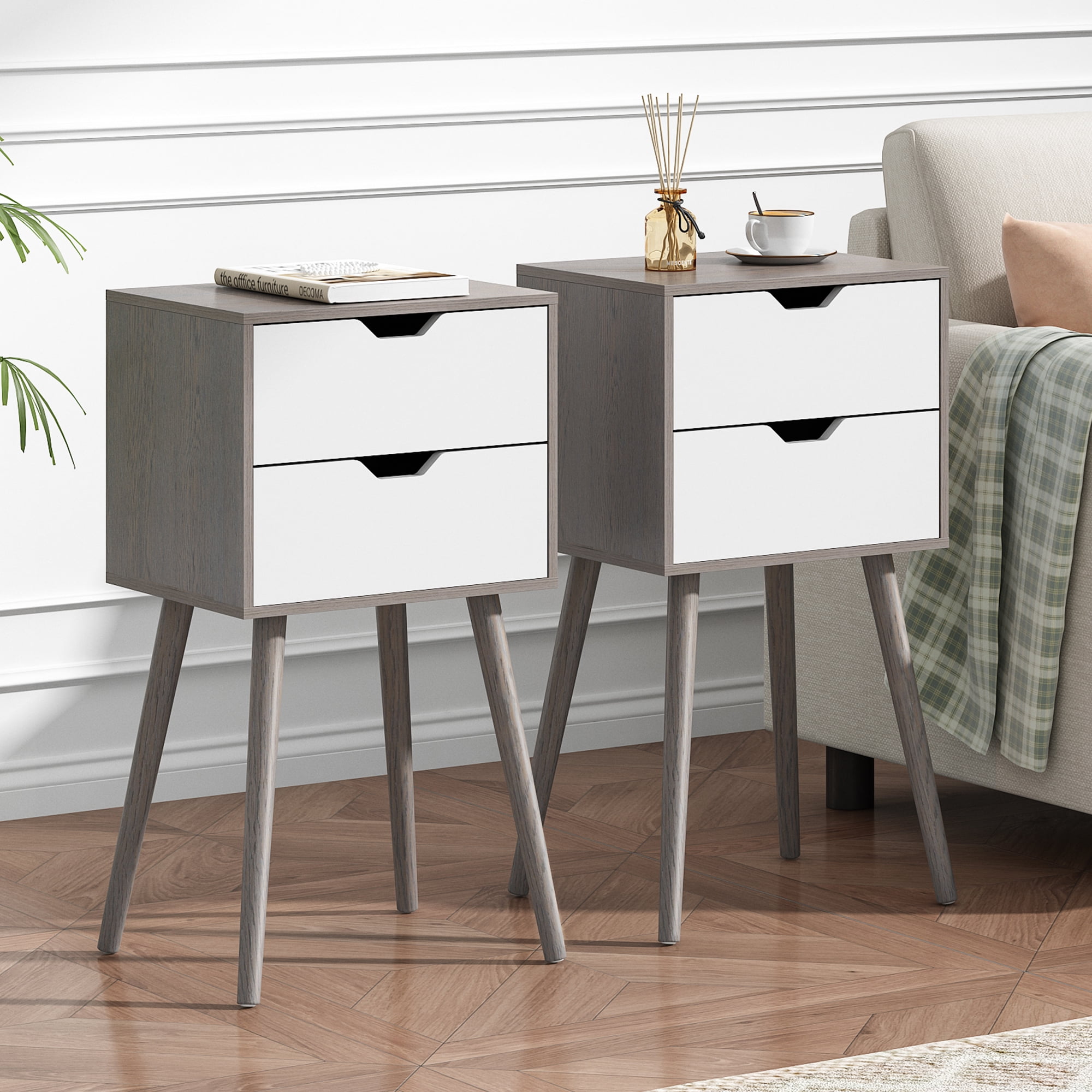 JAXPETY Set of 2 Nightstand, MidCentury 2 Drawers Bedside Tables