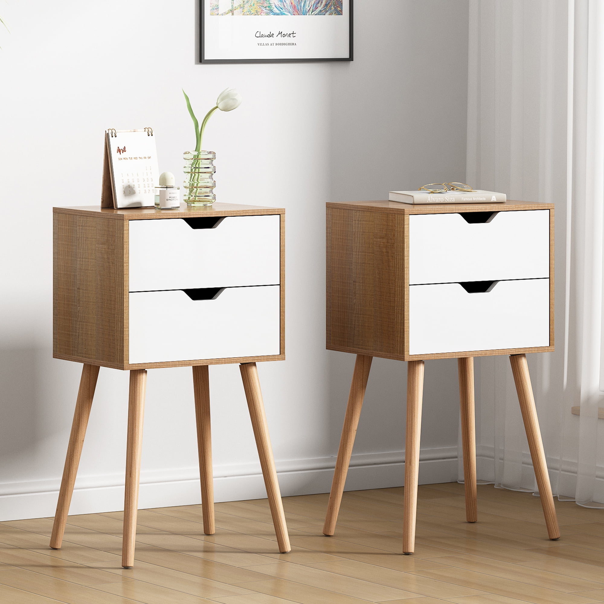 JAXPETY Set of 2 Nightstand, Mid-Century 2 Drawers Bedside Tables, Large  Space Stoage End Table for Bedroom Living Room, White and Natural 